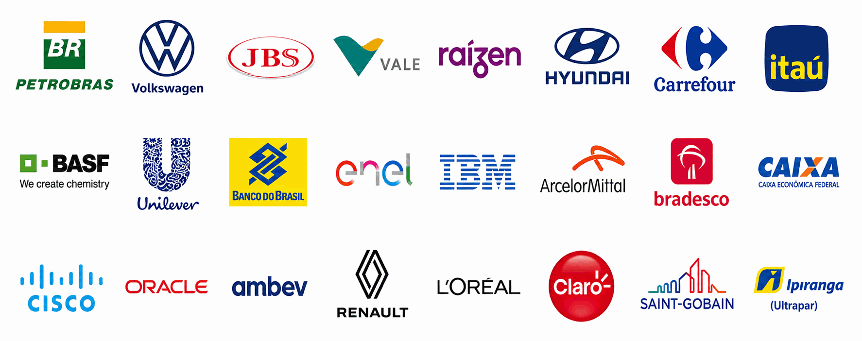 Petrobras, Volkswagen, JBS, Vale, Raízen, Hyundai, Carrefour, Itaú, BASF, Unilever, Banco do Brasil, Enel, IBM, ArcelorMittal, Bradesco, Caixa, Cisco, Oracle, Ambev, Renault, L'Oréal, Claro, Saint-Gobain e Ipiranga