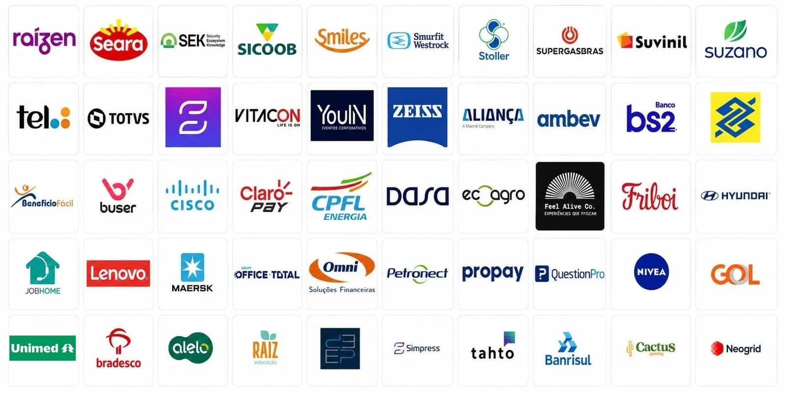 Logos das empresas participantes do NPS, CSAT & VXS Fórum: Raízen, Seara, SEK, Sicoob, Smiles, Smurfit Westrock, Stoller, Supergasbras, Suvinil, Suzano, tel., TOTVS, Vitacon, YouIN, Zeiss, Aliança, Ambev, Banco BS2, Banco do Brasil, Benefício Fácil, Buser, Cisco, Claro Pay, CPFL Energia, Dasa, ecoagro, Feel Alive Co., Friboi, Hyundai, JobHome, Lenovo, Maersk, Office Total, Omni Soluções Financeiras, Petronect, propay, QuestionPro, Nivea, GOL, Unimed, Bradesco, Alelo, Raiz Educação, Simpress, tahto, Banrisul, Cactus Gaming, Neogrid
